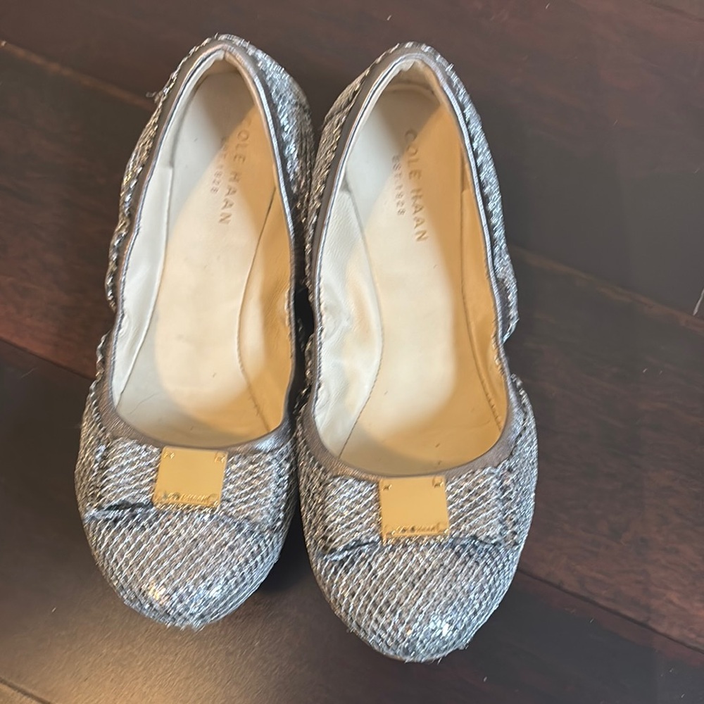 Cole Haan Metallic Silver Flats with Bow Accent